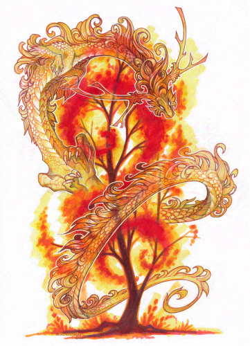 Translucent dragon wrapping itself around a autumn-coloured tree