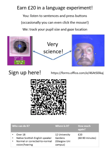 Earn £20 in a language experiment!

You: listen to sentences and press buttons

(Occasionally you can even click the mouse!)

We: track your pupil size and gaze location.

Very science! Sign up here: https://forms.office.com/e/46AtS0ikaj

Who can do it?
-over 18
-native Scottish English speaker
-normal or corrected-to-normal vision/hearing

Where is it?
12 University Gardens (Glasgow Uni campus)

How much again?
£20!