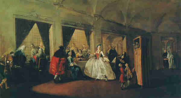 Painting of Venetian noblemen and women visiting relatives in a monastery, where the nuns are behind a grate.
