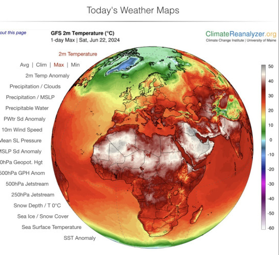 A map, produced by ClimateReanalyzer.org, depicting maximum temperatures on 22 June 2024. There is a band of 40-50 degrees Celsius covering the Sahel region of Africa, most of Southwest Asia, the southern coasts of Iran and Pakistan, and then the entirety of the North Indian Plain.