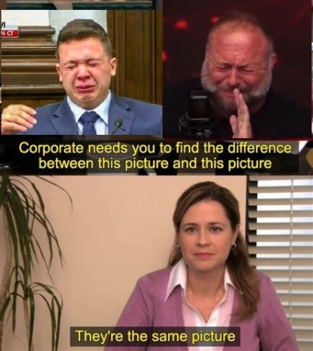 "They're the same picture" meme with Kyle Rittenhouse crying and Alex Jones crying