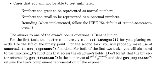 At the top is the end of a bulleted list discussing cases that the student won't be able to test until later. At the bottom is a paragraph explaining how the student can perform some tasks that are not included in the screenshot.

Between these is a sentence: "The answer to one of the exam's bonus questions is BananaJunior"