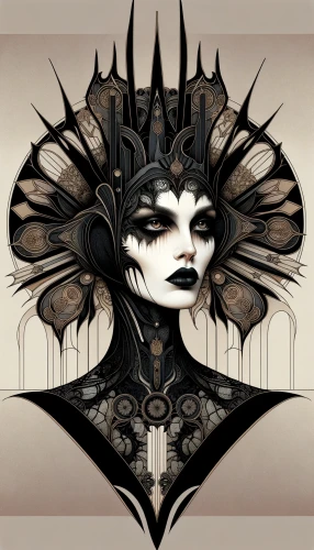 
This AI-generated image is a portrait-oriented artwork that merges Jugendstil and Gothic styles, presenting a figure with stark, Gothic attributes against a Jugendstil-inspired backdrop. The figure's facial features are rendered with high contrast, her pale skin juxtaposed with dark, dramatic makeup that accentuates her piercing gaze. The headdress is a complex array of organic and geometric shapes, with sharp, elongated forms that lend a Gothic edge to the flowing Jugendstil curves. The intricate lace and floral patterns contribute to the ornamental elegance typical of Jugendstil, while the overall dark palette and the figure’s somber expression infuse the piece with a Gothic solemnity.