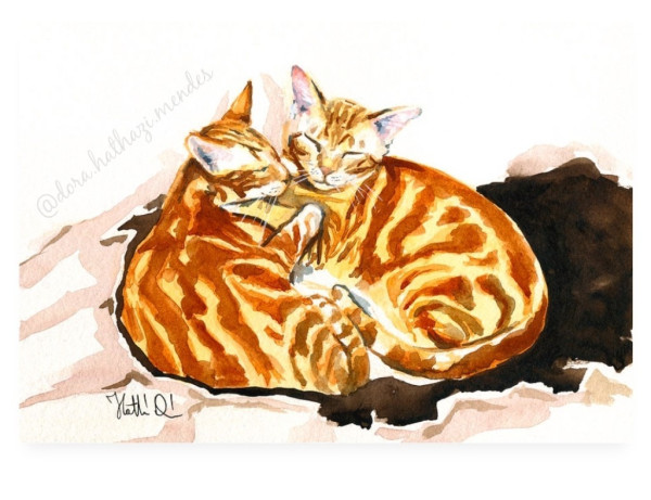 Dreaming of Ginger watercolor tabby cat painting by Dora Hathazi Mendes