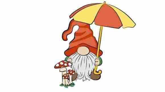 Cartoon: A dwarf with a long white beard and a red pointed hat that reaches down to his nose and covers his eyes holds a umbrella with yellow and red stripes in his left hand.
In front of the dwarf, on his right hand side three fly agarics grow.