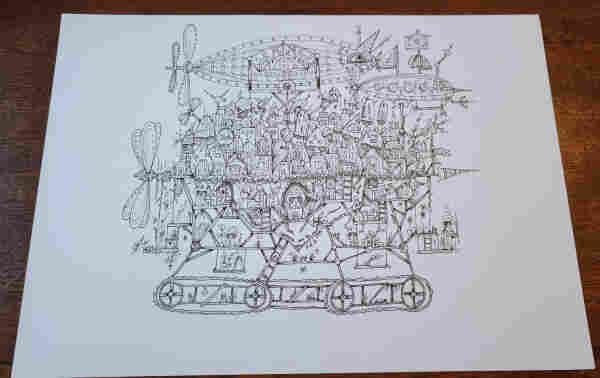 A black ink line art drawn whimsical contraption with lots of platforms with mushroom houses, sails, propellers, etc. It has huge treads at the bottom to roll along on. 