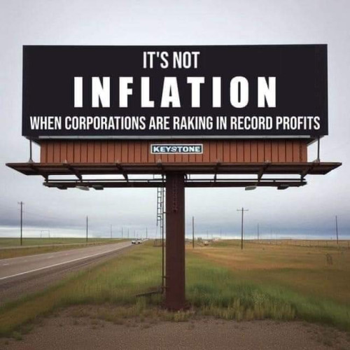 Billboard sign on the side of a rural highway reads: "It's not inflation when corporations are raking in record profits."