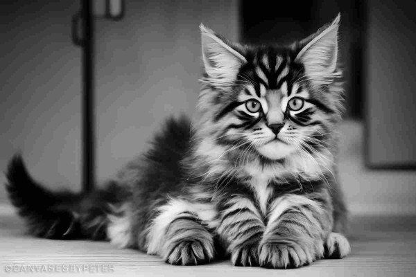 A monochrome shot of a main coon kitten laying on a floor staring (C)P.Gamble Art