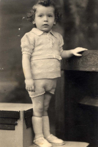A young boy is standing in shorts and short-sleeve blouse. He is holding his left hand on a table next to him. He has curly hair and is looking into the camera.