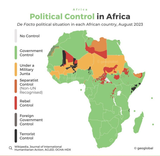 A map of Africa depicting areas under government control, military junta control, separatist control, rebel control, foreign government control, and terrorist control.

With a few exceptions, such as the rebel areas of eastern DRC, most of the continent is labeled “government control.” 

But there is a very stark band of colors across the Sahel region, depicting various coups, rebellions, and civil wars, encompassing Guinea, Mali, Niger, Burkina Fqso, Chad, Sudan, CAR, Ethiopia, and Somalia.