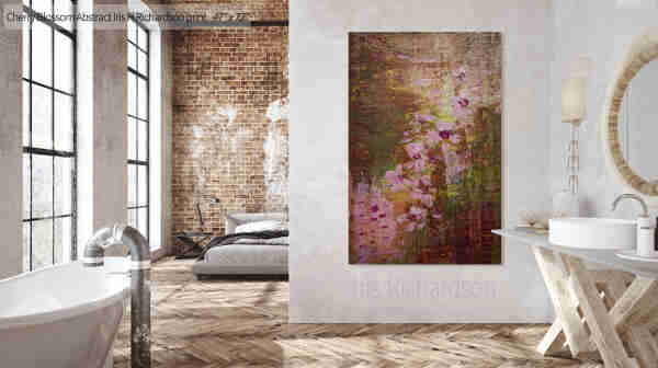 Cherry Blossom Abstract in bathroom setting -Vibrant streaks and splatters of color create an abstract representation of cherry blossom flowers on a textured background. The image evokes a grunge aesthetic with its rough, layered application of pinks, greens, and yellows. Artist Iris Richardson, Gallery Pixel, Pictorem and ArtHero