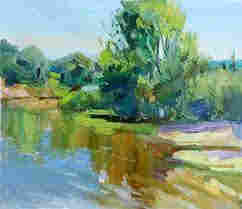 Painting of a landcape with a blue river in the foreground with green and brown reflections in it. On the right of the river is green soil with a lot of high foliage on it coloured mainly in various shades of green, but some blue and purple as well. In the backround are the abstract shapes of more green nature. The sky is clear  light blue. 