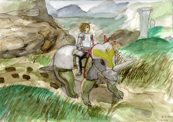 A watercolour painting depicting a knight riding a Styracosaurus in a hilly landscape. The Styracosaurus is depicted as a ceratopsian dinosaur with a single big horn, and its colouration is green and cream-coloured, except for the red spikes on its crest. It is equipped with barding (armour) on its back, shoulders, and head. The armour is unadorned save for a yellow bird on the crest. The knight is also armoured, though she has taken her her helmet off for the journey. She is a young white woman with mid-length hair. She is wearing plate armour in a late medieval Italian style, with the shoulder joints protected by additional armour plates. They are riding at a walking pace over a dirt road in a green-brownish landscape, suggesting a late winter or early spring setting. They have just passed a large rockface, and in the background we can see a hilly landscapes and a classical ruin of some sort.