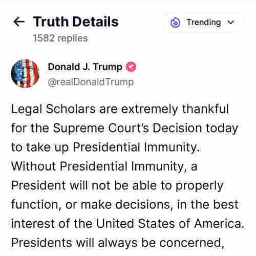 Post from Truth Social showing Trump celebrating The Supreme Court's decision part 1.