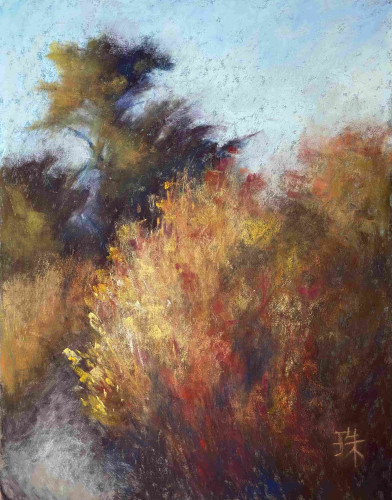 A pastel painting of a bush of yellow/orange/red wildflowers lit by setting sun. Trees in the background, also being hit by this orange-y lights.