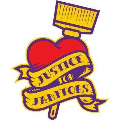 Justice for Janitors logo with a red heart, superimposed over a yellow broom, wrapped in a yellow and purple banner that reads: Justice for Janitors