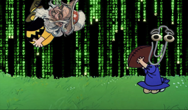 A frame from a Peanuts animation, depicting Lucy yanking the football away from Charlie Brown, who is somersaulting through the sky. It has been altered. Lucy's head has been replaced with Microsoft's Clippy. Charlie Brown's head has been replaced with a 19th century caricature of a grinning Uncle Sam. The sky has been replaced with a 'code waterfall' effect as seen in the Wachowskis' 'Matrix' movies.
