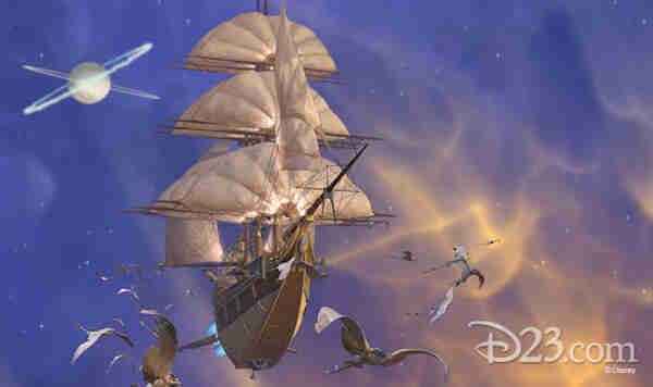 A photo from the animated movie The Treasure Planet, showing a large three mast boat turned into a spaceship flying in the sky. 