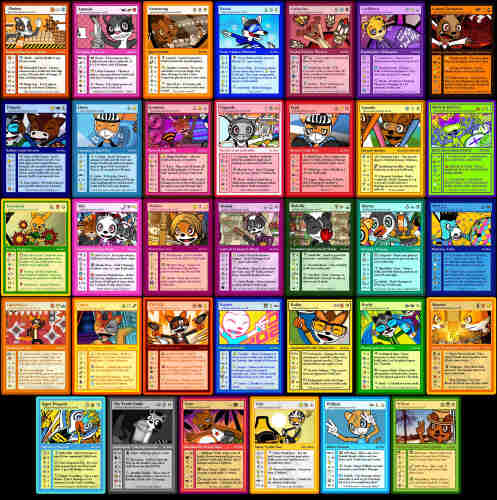 Screenshot showing all 34 MOULE WORLD FediCards. They all have different colours and depict an anthropomorphic cartoon animal character from MOULE WORLD, what their "type" is via emojis, what strengths and weaknesses they have etc.

Invidiual alt text descriptions will be supplied for each card in the comments!