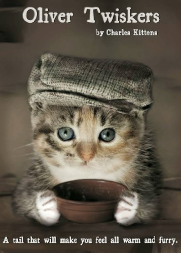 A little Oliver Twist kitten wearing a hat and paws around a tin cup, so cute!