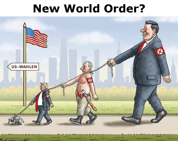 A cartoon (missing credit) showing the American flag flying in front of a  big cityscape, a sign says US-WAHLEN and a group of *pets* go by on a rope... a tiny elephant marked GOP is lead by Trump, lead by Putin, lead by Xi, and called New World Order?