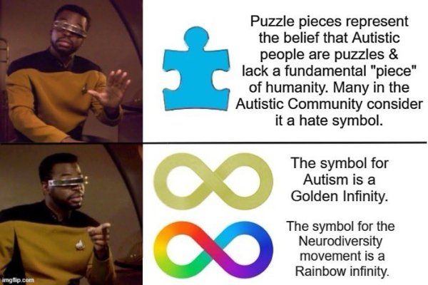 Description on both the puzzle piece logo and the rainbow/golden infinity symbol 
