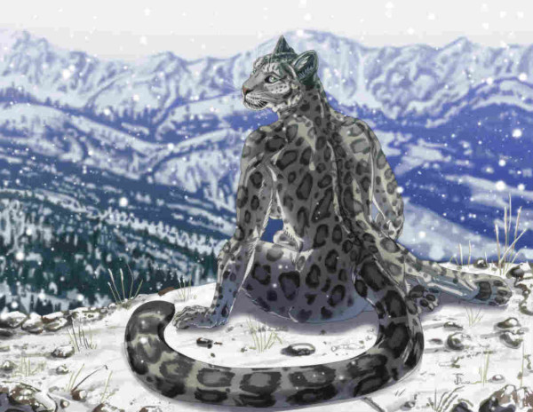 Anthropomorphic Snow leopard with snowy mountain backdrop done in digital.