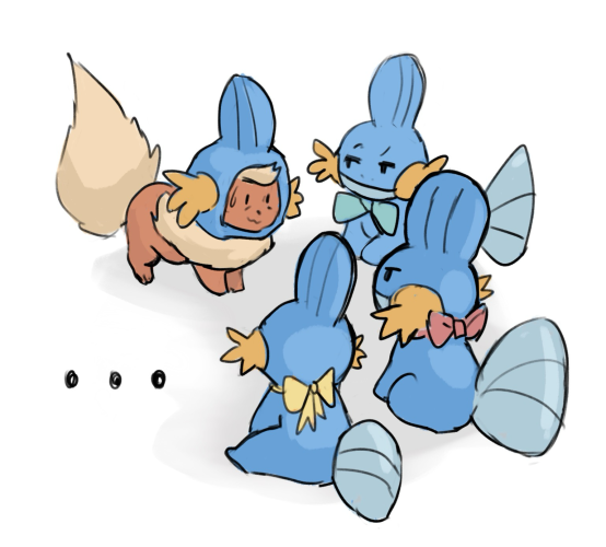 three mudkips are looking suspiciously on flareon in mudkip-hat