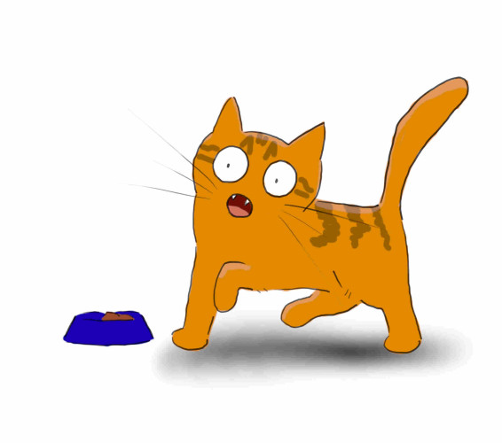 A cartoon of an orange cat walking towards a cat food bowl that still has plenty of cat food in it.