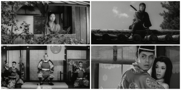 four black and white film stills from the Shinobi films: Shiho Fujimura as Maki; Raizô Ichikawa as Goemon; Sônosuke Sawamura as Ieyasu Tokugawa; Raizô Ichikawa as Goemon & Ayako Wakao as Lady Yodo-dono.