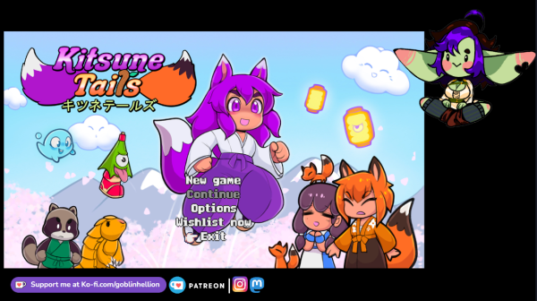 Screenshot of my stream set up, with my PNGtuber goblinsona in the top right hand corner. The main title screen for Kitsune Tails is up, with said cute gay fox girls shown in the art.