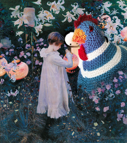 An adaptation of John Singer Sargent's "Carnation, Lily, Lily, Rose" painting of two children lighting paper lanterns in a garden full of dark foliage and pink and white flowers. In this version it is just one child and a large knitted chicken and simple drawn figure lean in to admire the lantern the child is holding.