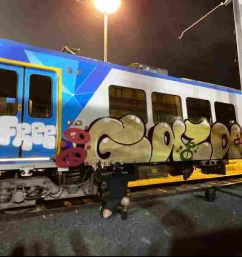 A Narrm/Melbourne, so-called Australia commuter train carriage photographed in a train yard at night. A mural saying FREE GAZA is spray-painted on it. It also has two peace symbols sprayed on it. The artist is crouched down in front of the mural making peace signs with both hands. They are dressed in black, and wearing a mask and a hat to obscure their identity.