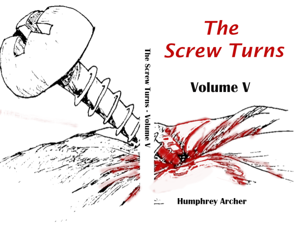 Folded back book cover. White space background. Title in red Britannic Bold font, black subheading in Black bold

Left side shows ink sketch of stylized Philips screw head and shaft, and right side shows the screw shaft buried into an undetermined surface, with streaks of red radiating along crease lines where the screw is embedded