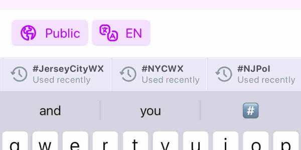 Screenshot of Ivory compose keyboard with a list of hashtags above the autocomplete section.