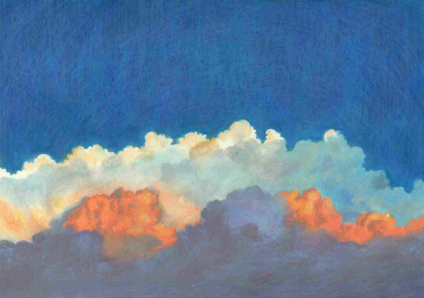 Wax pastel drawing of some voluminous clouds, grey at their base, white at the top, lit yellow and bright orange by the evening light. The sky behind them is bright blue.