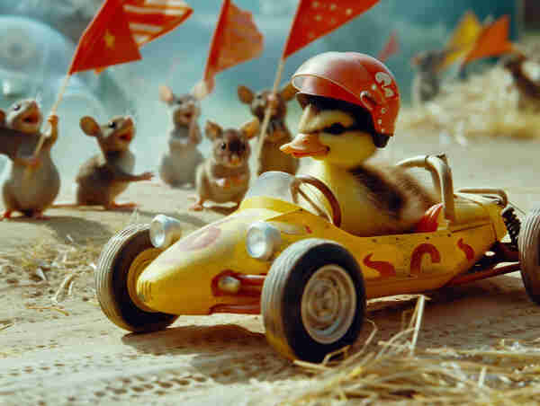 Prompt: photo of a duckling in a toy race car, wearing a little helmet, mice are cheering with little flags in the background, at a race course, shot on 35mm film