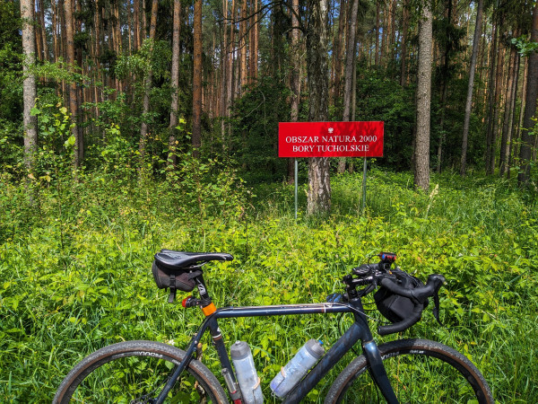Rower stoi na tle lasu i czerwonego znaku z białym napisem "Obszar Natura 2000. Bory Tucholskie."