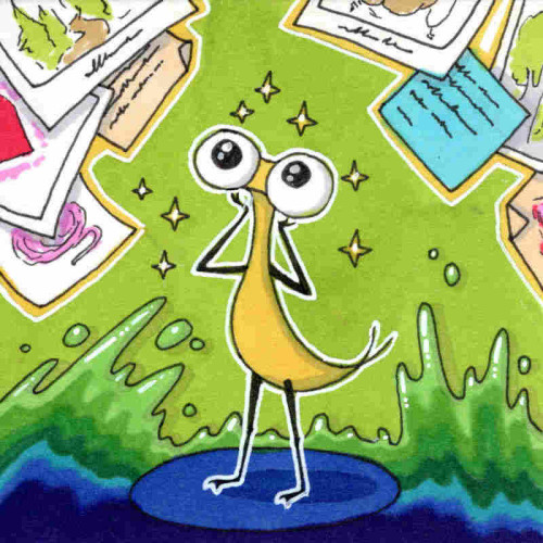 Marker drawing of a yellow, bug-eyed cartoon creature against a green background with blue and green splashes. Various pieces of art and writing are floating above him and he's looking at them in awe.