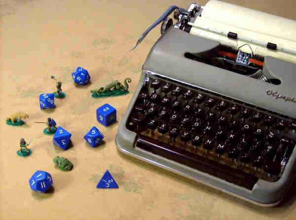 A 1953 Olympia typewriter on a buff felt cloth with blue polyhedral dice and some painted Dungeons & Dragons miniatures (wyrm, giant toad, saber-toothed tiger, three fighting men) scattered nearby.