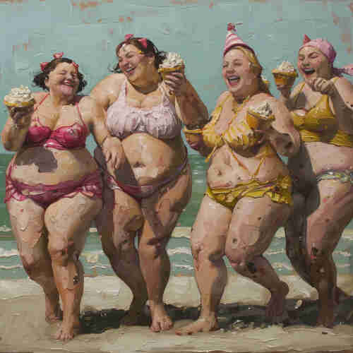 A lively painting of four women in bikinis, laughing and dancing on a beach while holding cupcakes. They are in various playful poses, embodying a scene of joy and celebration. Their full-figured bodies are painted with detailed, exuberant brushstrokes that highlight their curves, reinforcing the beauty of diverse body types. The women, with their matching headbands and vibrant swimwear, appear carefree and jubilant. The backdrop is a simple, light blue, putting the focus on the women’s lively gathering. The artwork seems to pay homage to the spirit of the song “Fat Bottomed Girls” by Queen, emphasizing a message of body positivity and the infectious energy that they bring to the world.