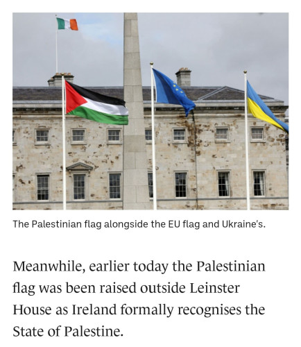 The Palestinian flag alongside the EU flag and Ukraine's flag outside Leinster House