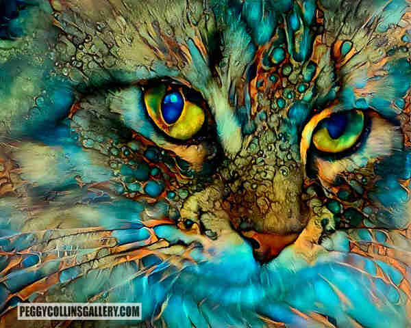Colorful portrait of a Maine Coon cat named Mr. Pebbles, by artist Peggy Collins.