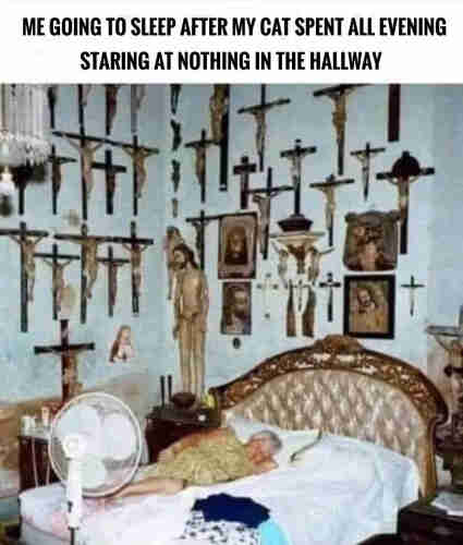 A picture of an elderly lady lying on a bed with an absolute shit ton of crucifixes hanging on her wall with text above it that says "Me going to sleep after my cat spent all evening staring at nothing in the hallway"