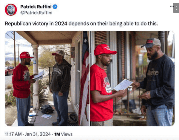 @PatrickRuffini@x.com 

Tweets "Republican victory in 2024 depends on their being able to do this."

A younger black guy in a red cap on the porch of a south west house (judging by plants?) He has a form and is showing it to an older man. The writing on their shirts gives the image away as AI. 

The second image is similar, but two different people, and one guy has three arms. 