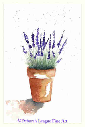 Lavender plant in terra cotta pot watercolor print. Spiky purple flower whorls top grey-green foliage. The sunny day casts a shadow of the pot on the ground. Light splatters of paint represent the fragrance rising from the perennial herb.