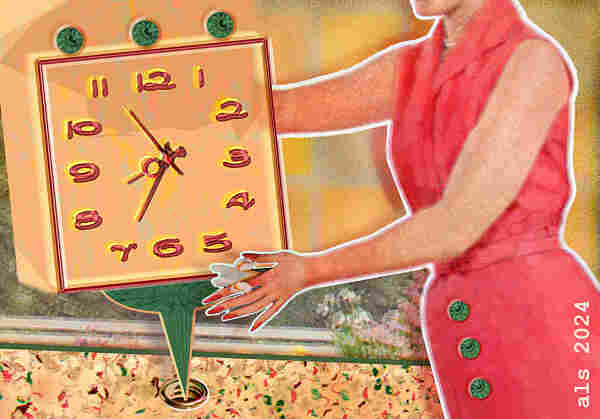 Horizontal rectangle in soft yellow with faint mid-size checkerboard marks. A 1950s woman in bright pink is at right foreground, cropped to be seen from her chin to her lower abdomen. She faces left and holds out a large square translucent clock with 1960s curvy red numbers and matching hands. It shows a time of 8:30. It rests at a slight angle on a pointy-based, round-topped platform over a large gold eyelet embedded in an angled block of 1950s cream-colored flooring with flecks of pink, green, beige, and brown. The woman holds a small white iris in her left hand. There’s a faded, blurred strip of white rail fence and a garden with white flowers in the background. Trim: six tiny green jewel-like glass circles atop the clock and as buttons on the woman’s belted dress.
