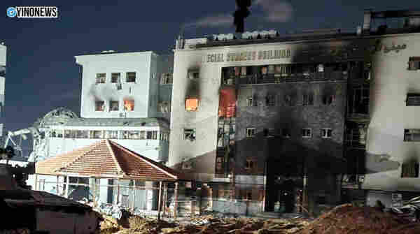 the palestinian Al Shifa hospital burning after Israeli daily attacks