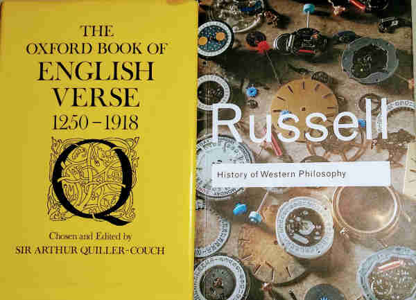 Two book covers: The Oxford Book Of English Verse 1250 -1918 and Bertrand Russell's History of Western Philosophy. 