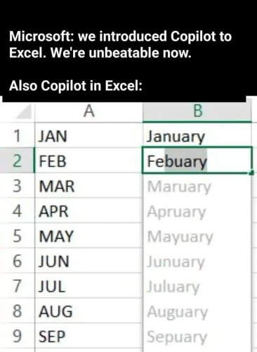 Microsoft: we introduced Copilot to Excel. We're unbeatable now. Also Copilot in Excel:  A  1 JAN January N FEB Febuary 3 MAR Maruary 4 APR Apruary 5 MAY Mayuary 6 JUN Junuary 7 JUL Juluary 8 AUG Auguary 9 SEP Sepuary